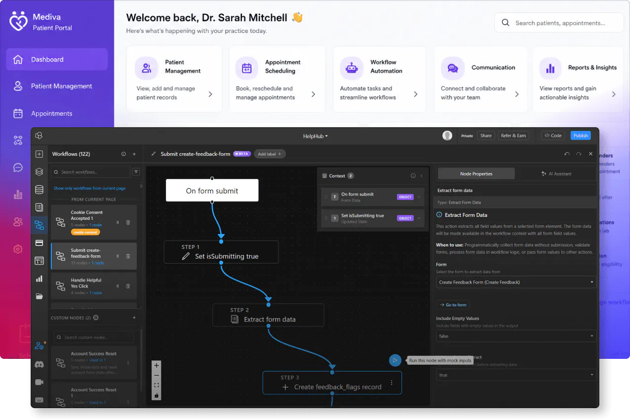 Patient portal dashboard workflow builder screenshot