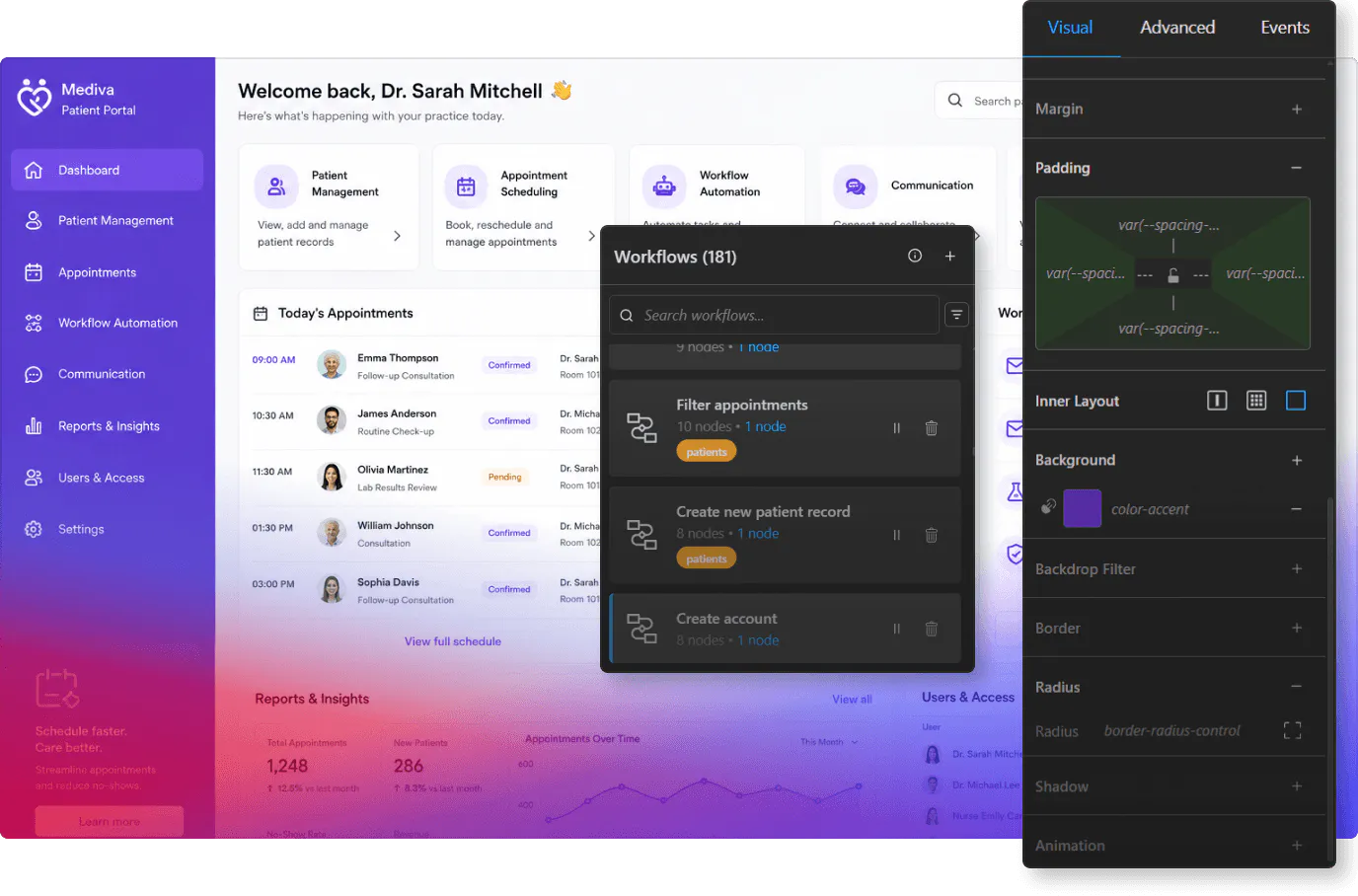 Patient portal dashboard workflows and visual editor screenshot