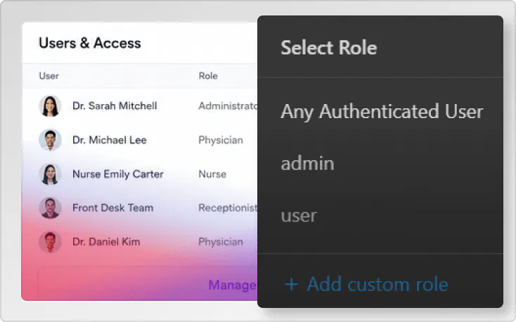 Patient portal dashboard users and user rights panel