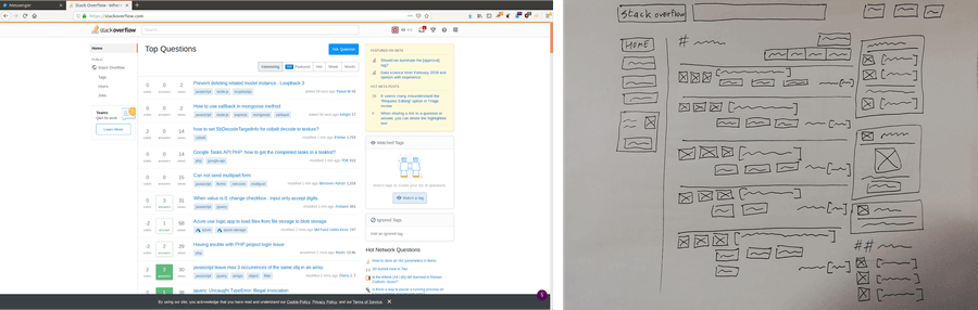 Screenshot and wireframe of Stackoverflow.com 